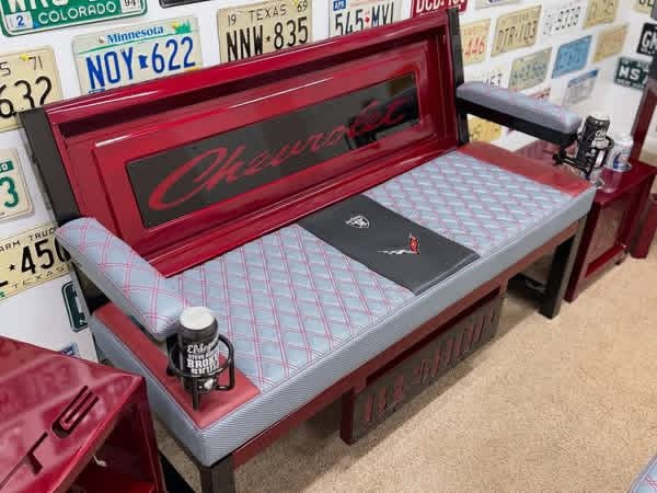 Custom Red Chevrolet Furniture Set – Bench, Stools, Console & Tables