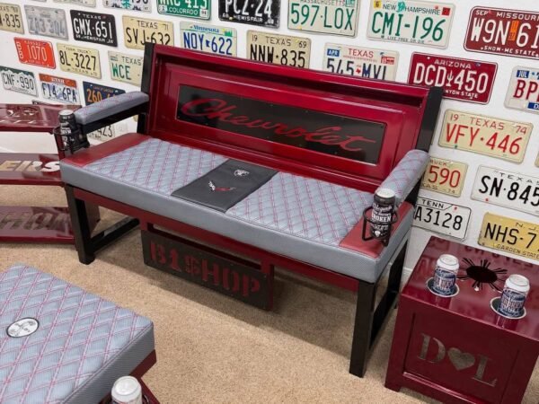 Custom Red Chevrolet Furniture Set – Bench, Stools, Console & Tables