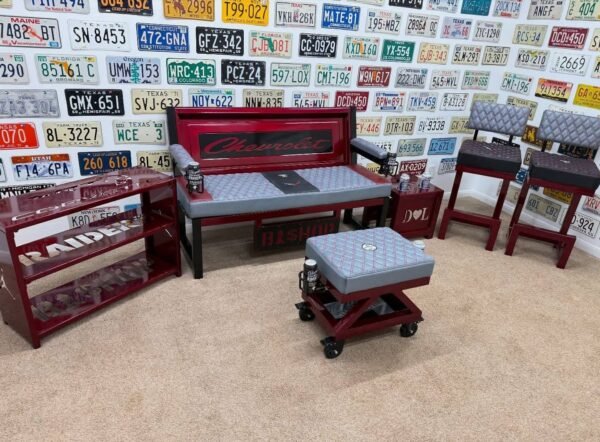 Custom Red Chevrolet Furniture Set – Bench, Stools, Console & Tables