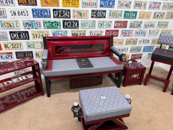 Custom Red Chevrolet Furniture Set – Bench, Stools, Console & Tables