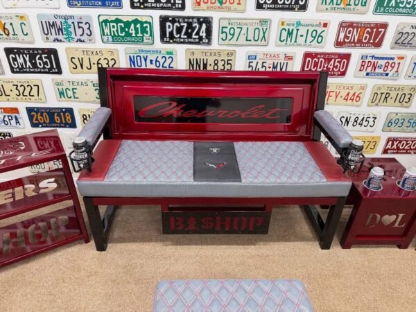 Custom Red Chevrolet Furniture Set – Bench, Stools, Console & Tables