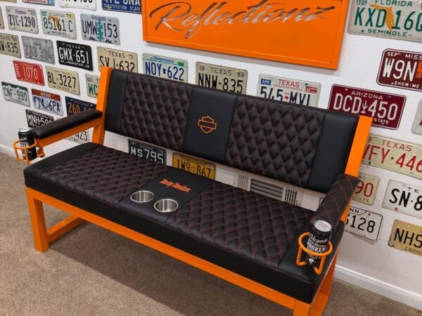 Custom Orange & Black Harley Davidson Bench & Stools