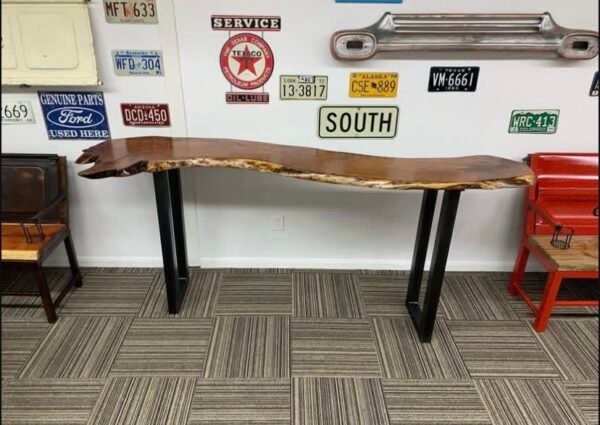 Custom Wooden Table with Metal Legs + 2 Stools