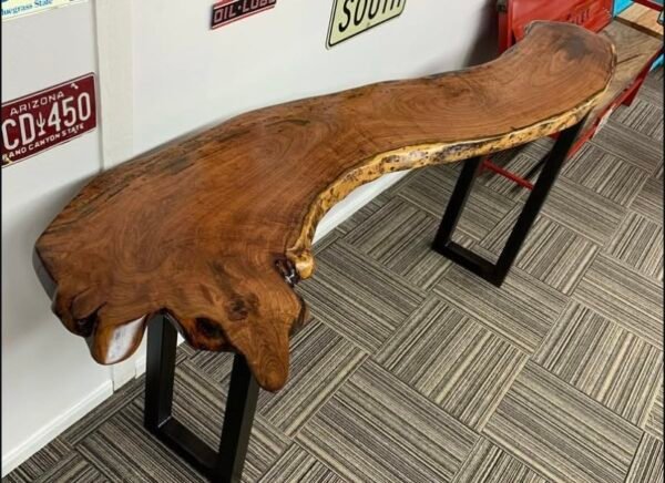 Custom Wooden Table with Metal Legs + 2 Stools
