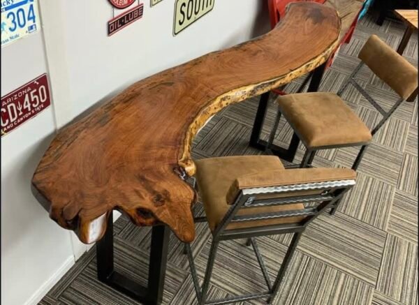 Custom Wooden Table with Metal Legs + 2 Stools