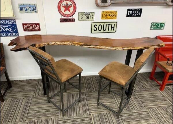 Custom Wooden Table with Metal Legs + 2 Stools