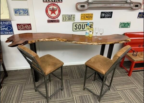 Custom Wooden Table with Metal Legs + 2 Stools
