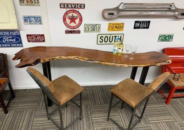 Custom Wooden Table with Metal Legs + 2 Stools