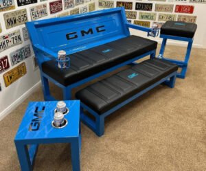 Custom Blue GMC Bench Set – Bench, Stool & Side Table (Full Set)
