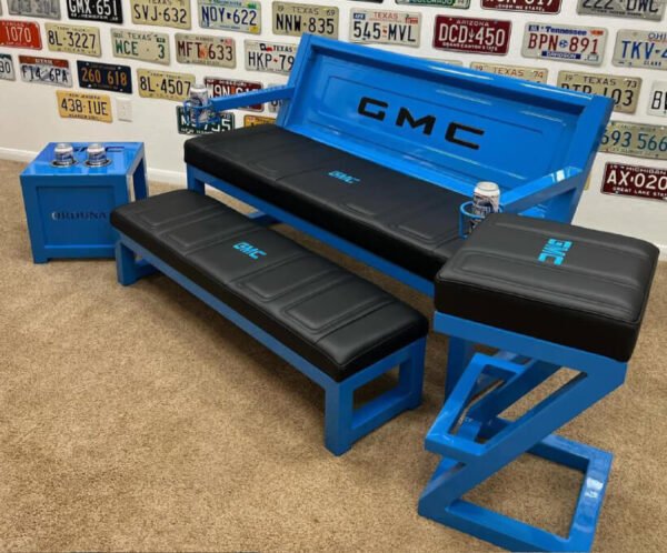 Custom Blue GMC Bench Set – Bench, Stool & Side Table (Full Set)