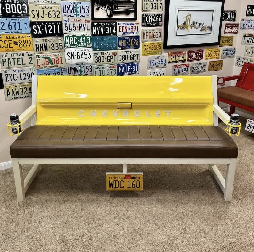 Custom Blue, Yellow, Brown & White Chevrolet Bench