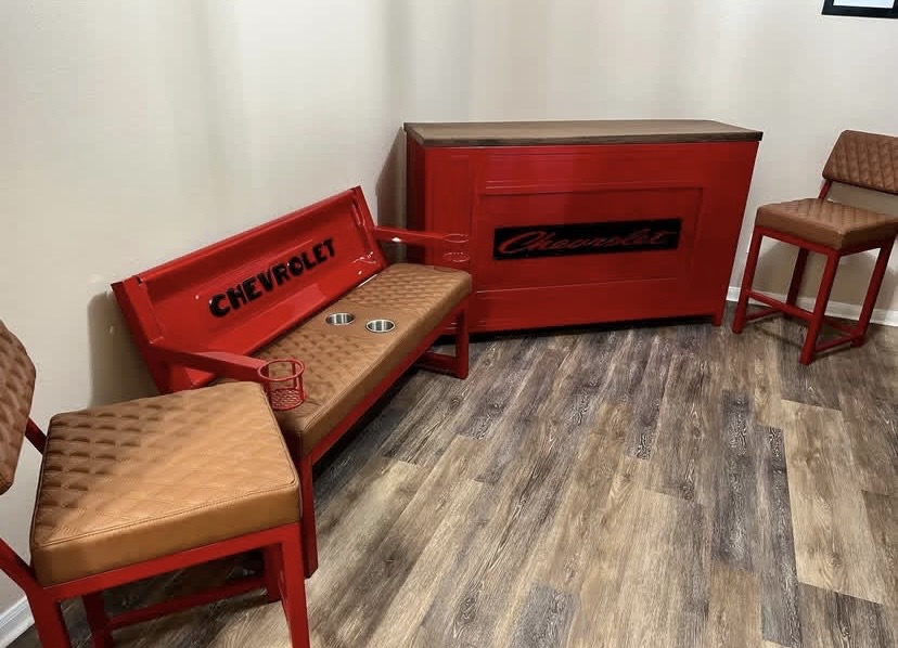 Custom Red & Brown Chevrolet-Inspired Complete Set – Bench, Stools & Console Table
