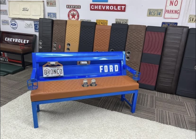 Custom Light Blue & Brown Bronco Bench